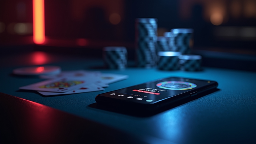 Smartphone mit Download-Ansicht in einer dunklen Casino-Atmosphäre