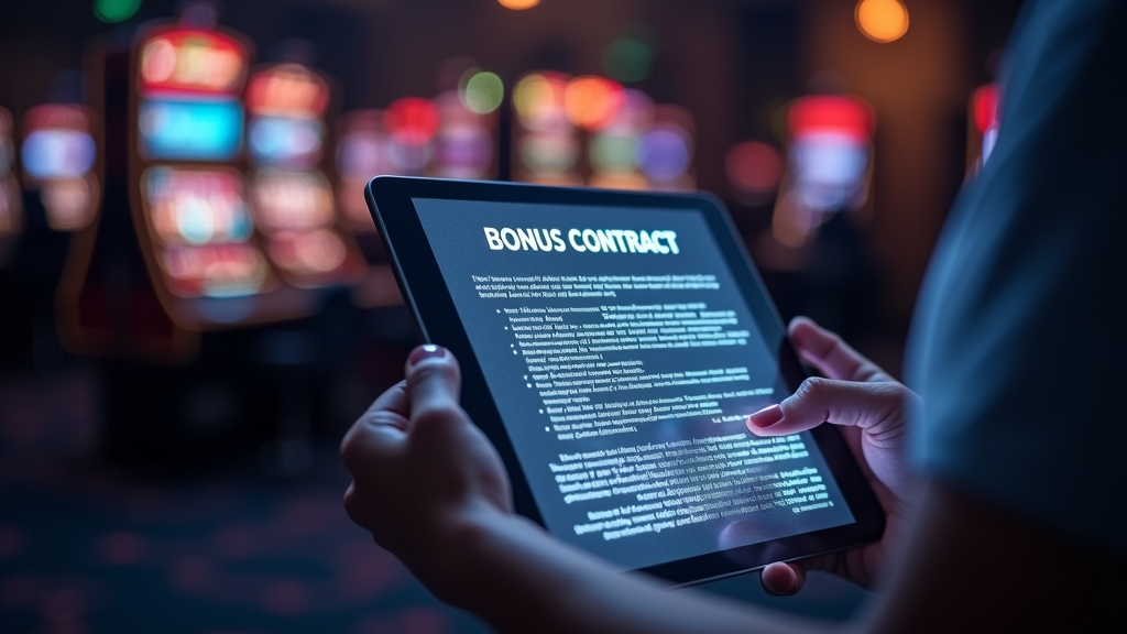 Casino-Szene mit Bonusbedingungen und No-Deposit-Regeln auf einem Tablet